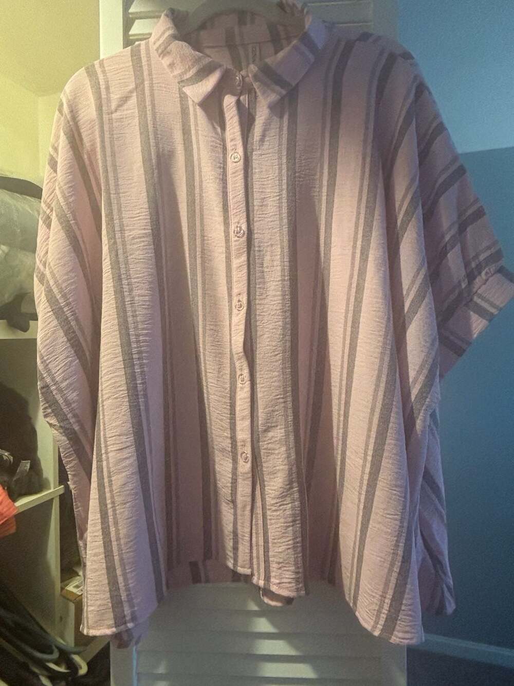 Zenana Woven Yarn-Dye Stripe Oversized Button Down Shirt Pink S/M